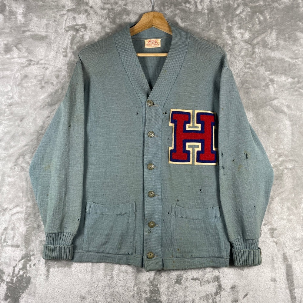 True Vintage 40s 50s Letterman Cardigan Sweater Mens Small Wool Distressed Faded